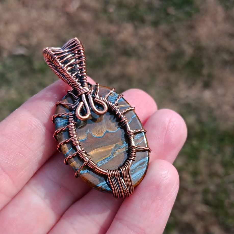 Brand New Wire Wrap Pendant: Blue Tigers Eye Tree Of Life