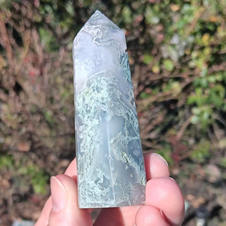 Obelisk: Moss Agate Druzy On Base 3 Inches