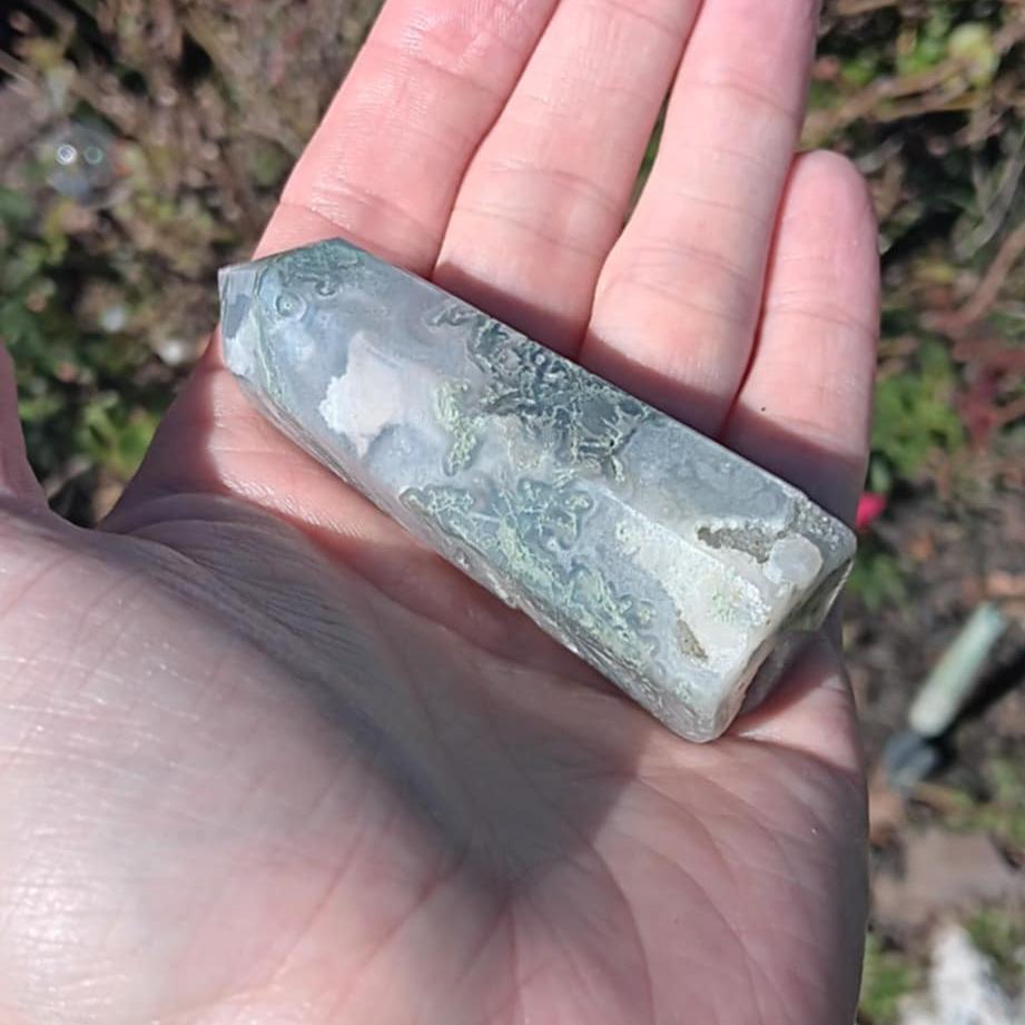 Obelisk: Moss Agate Druzy On Base 3 Inches