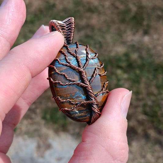 Brand New Wire Wrap Pendant: Blue Tigers Eye Tree Of Life