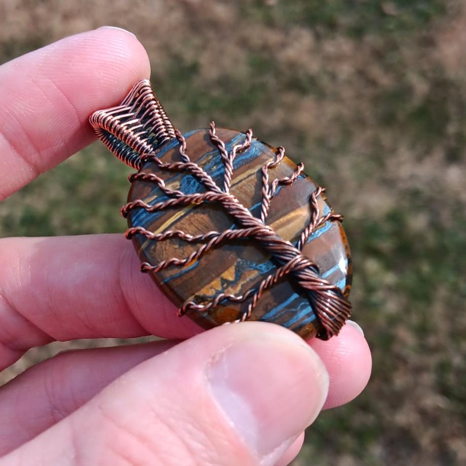 Brand New Wire Wrap Pendant: Blue Tigers Eye Tree Of Life