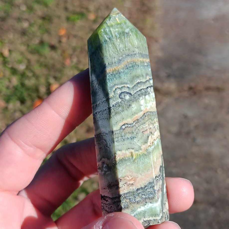 Brand New Obelisk: Caribbean Calcite Beautiful Banding 3.5 Inches