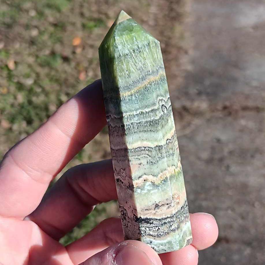 Brand New Obelisk: Caribbean Calcite Beautiful Banding 3.5 Inches