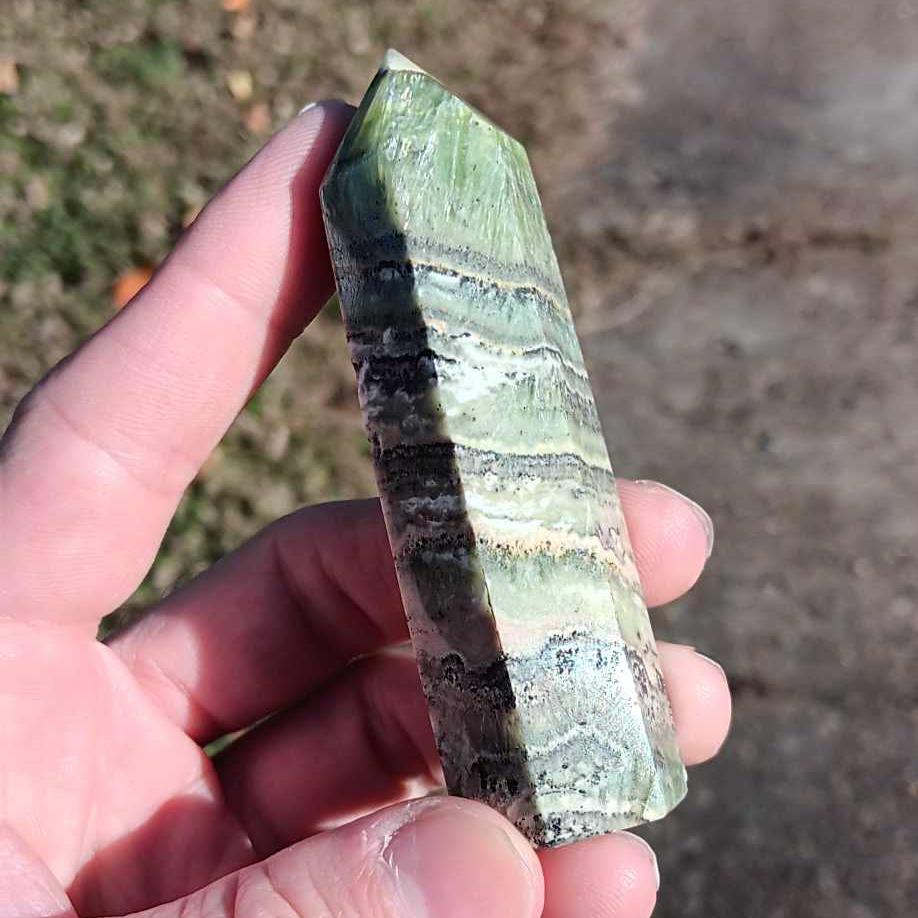 Brand New Obelisk: Caribbean Calcite Beautiful Banding 3.5 Inches