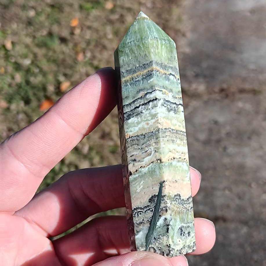 Brand New Obelisk: Caribbean Calcite Beautiful Banding 3.5 Inches