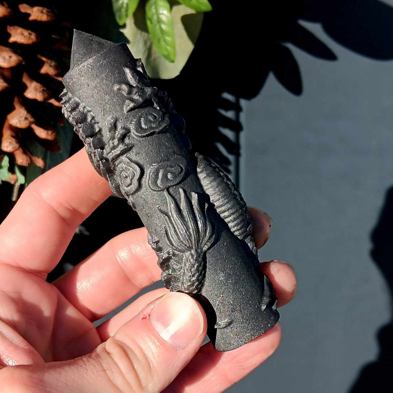 Obelisk: Shungite Intricate Dragon Carving 4 Inches