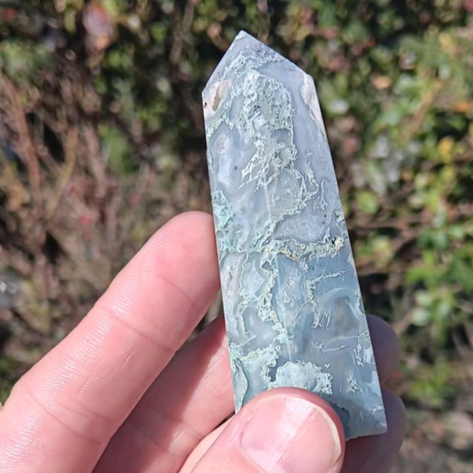 Obelisk: Moss Agate Druzy On Base 3 Inches