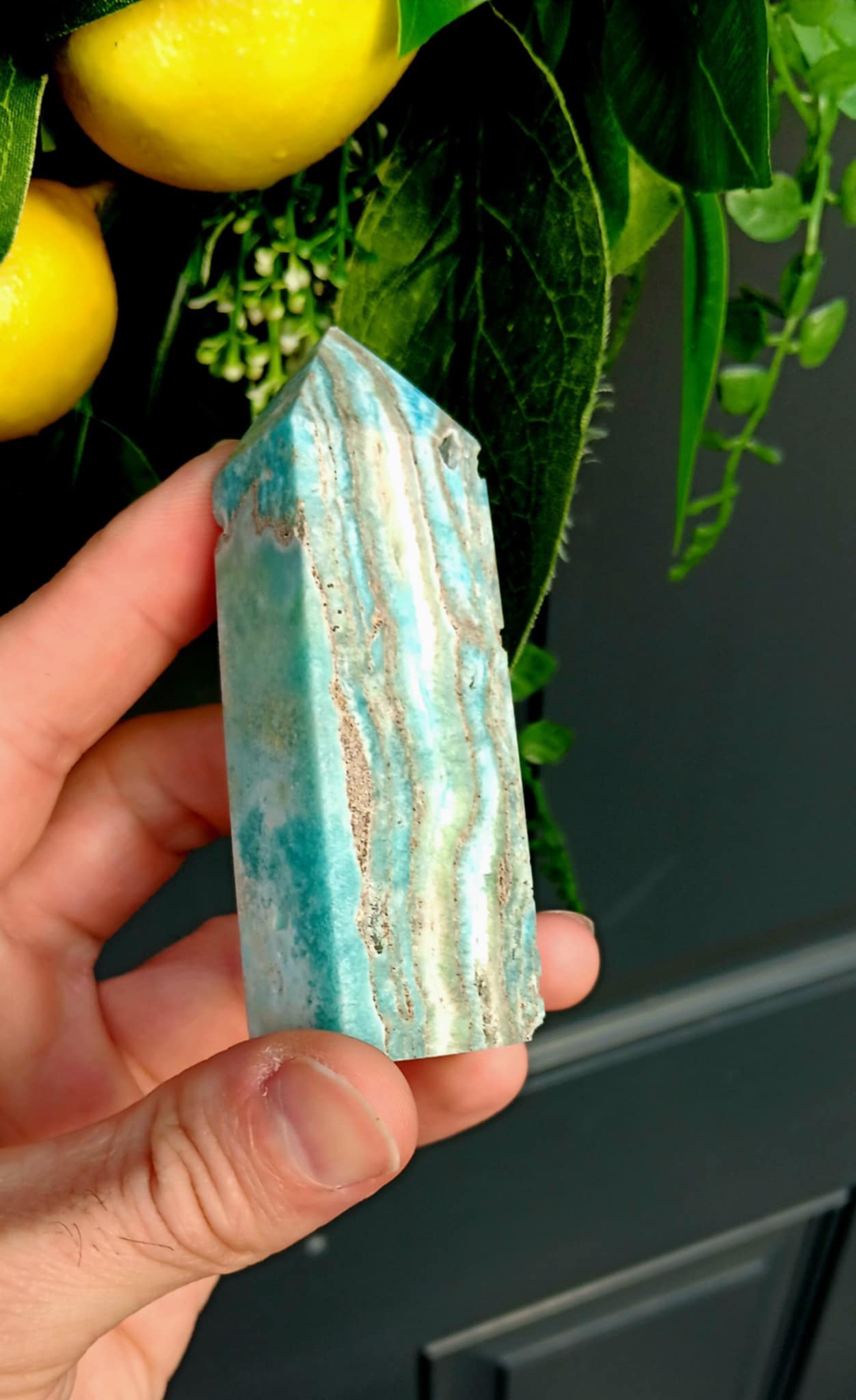 Brand New Obelisk: Hemimorphite Caribbean Calcite 3.5 Inches
