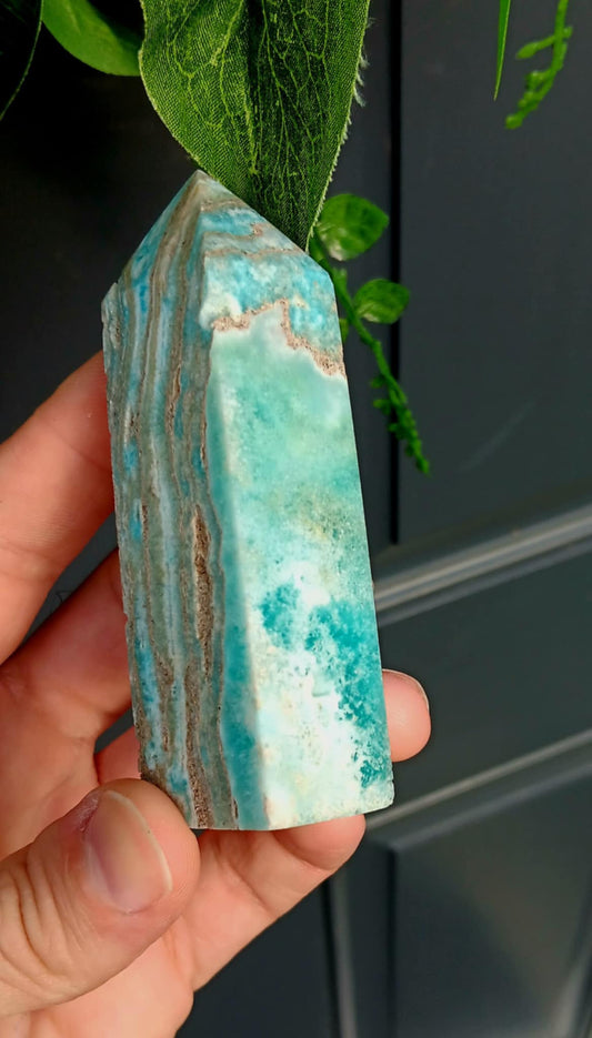Brand New Obelisk: Hemimorphite Caribbean Calcite 3.5 Inches