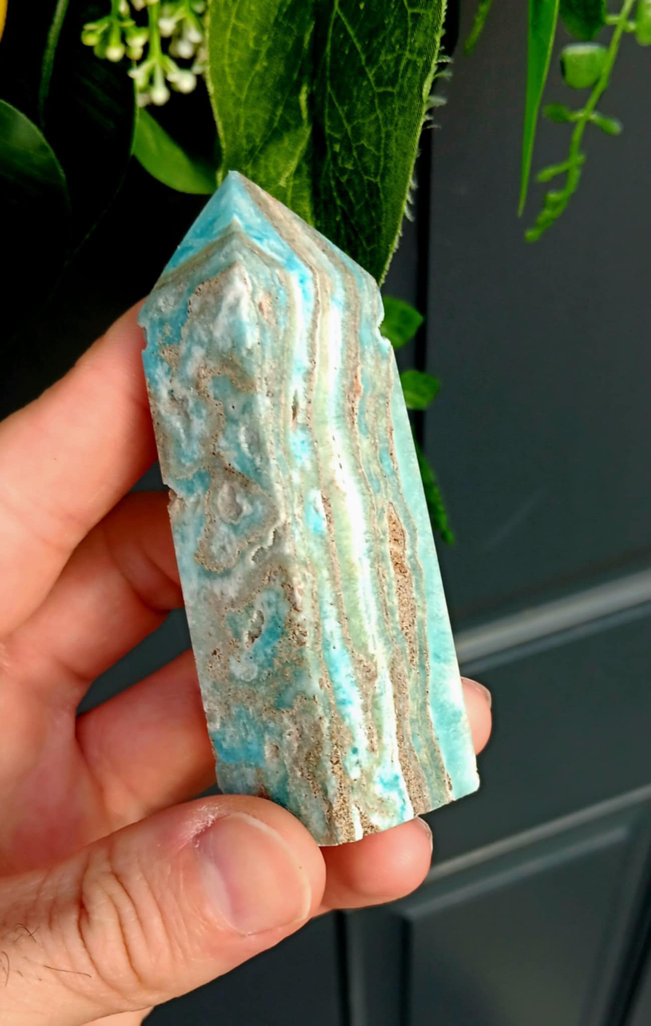 Brand New Obelisk: Hemimorphite Caribbean Calcite 3.5 Inches